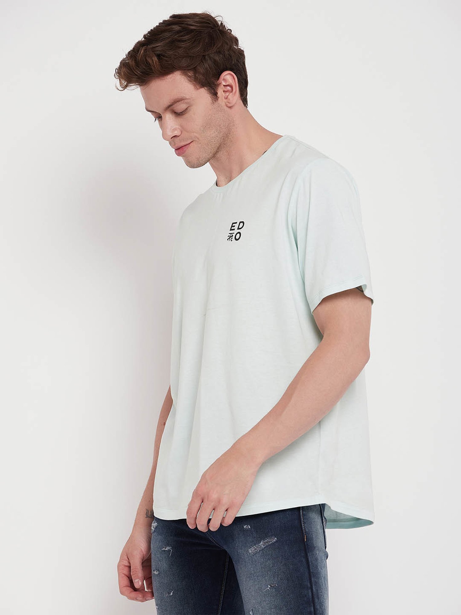 EDRIO Light Blue Regular Fit Printed T-Shirt