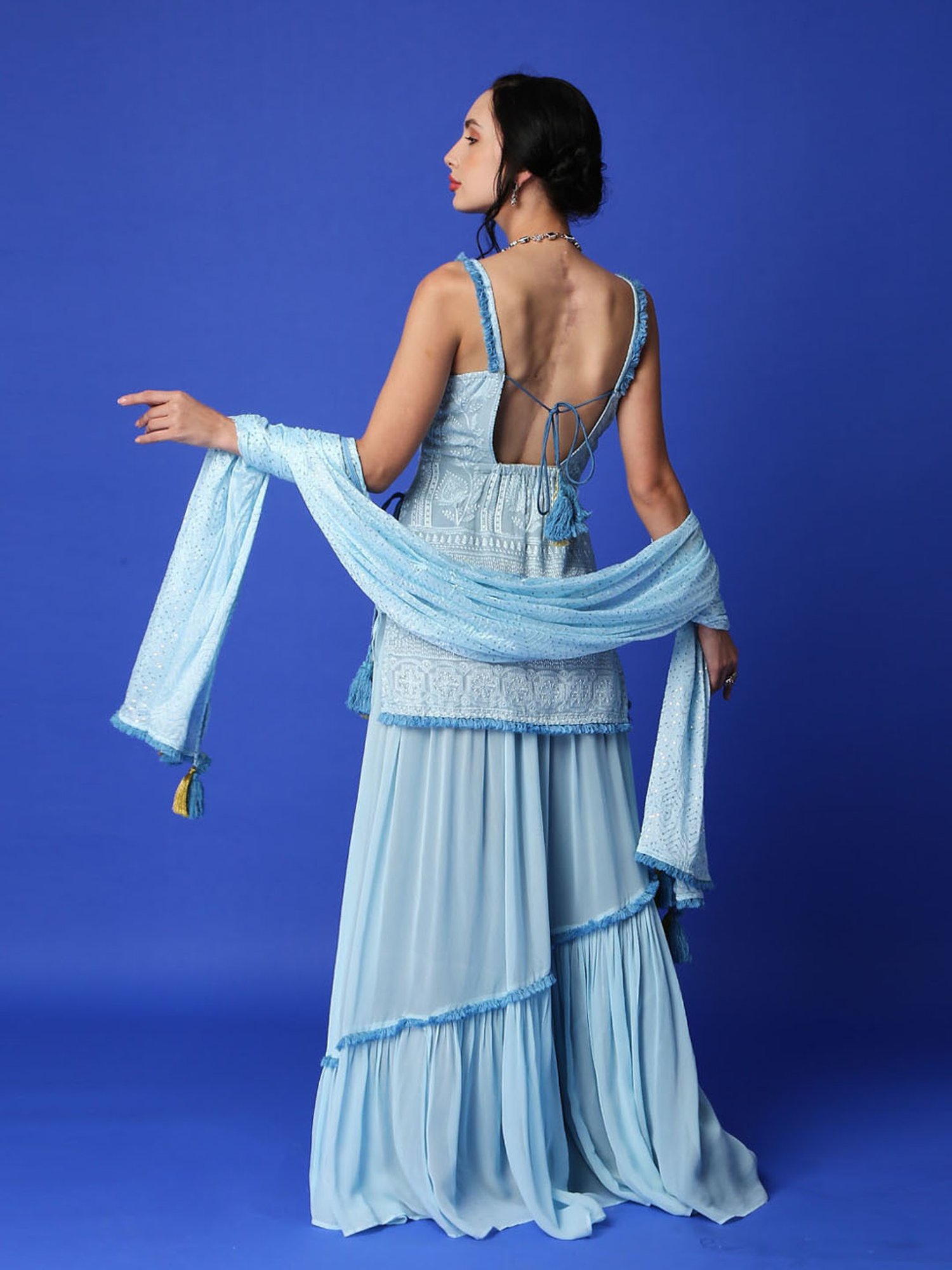 Monk and Mei Sharmila Chikanakari Kurta- Ice Blue