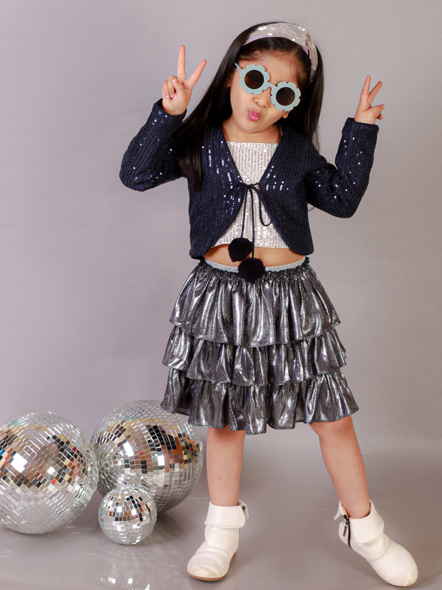 Lil Drama Kids Navy Embellished Sleeves Shrug