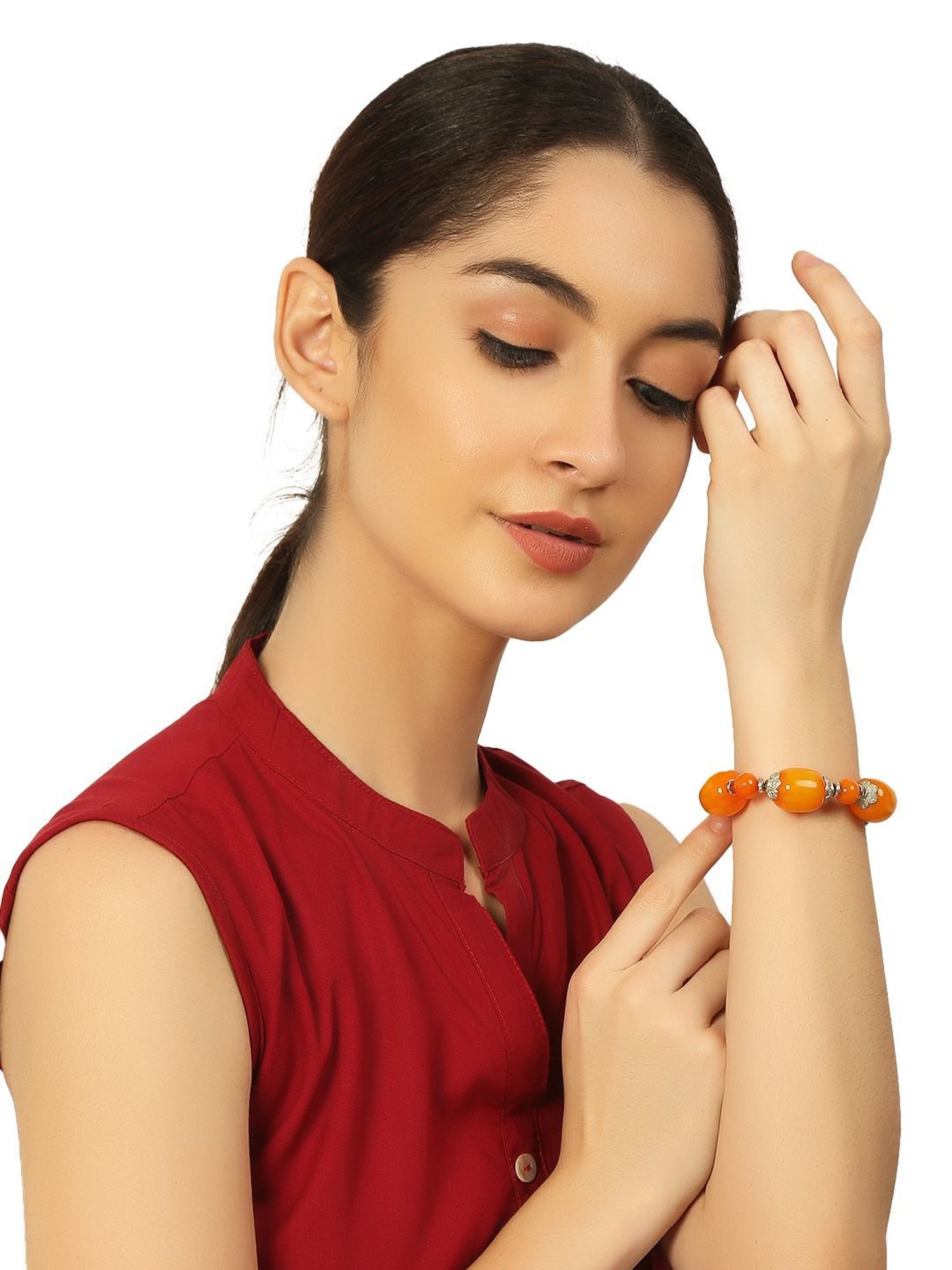 IMLI STREET Orange & Silver Artificial Stone Stretchable Bracelet for Women