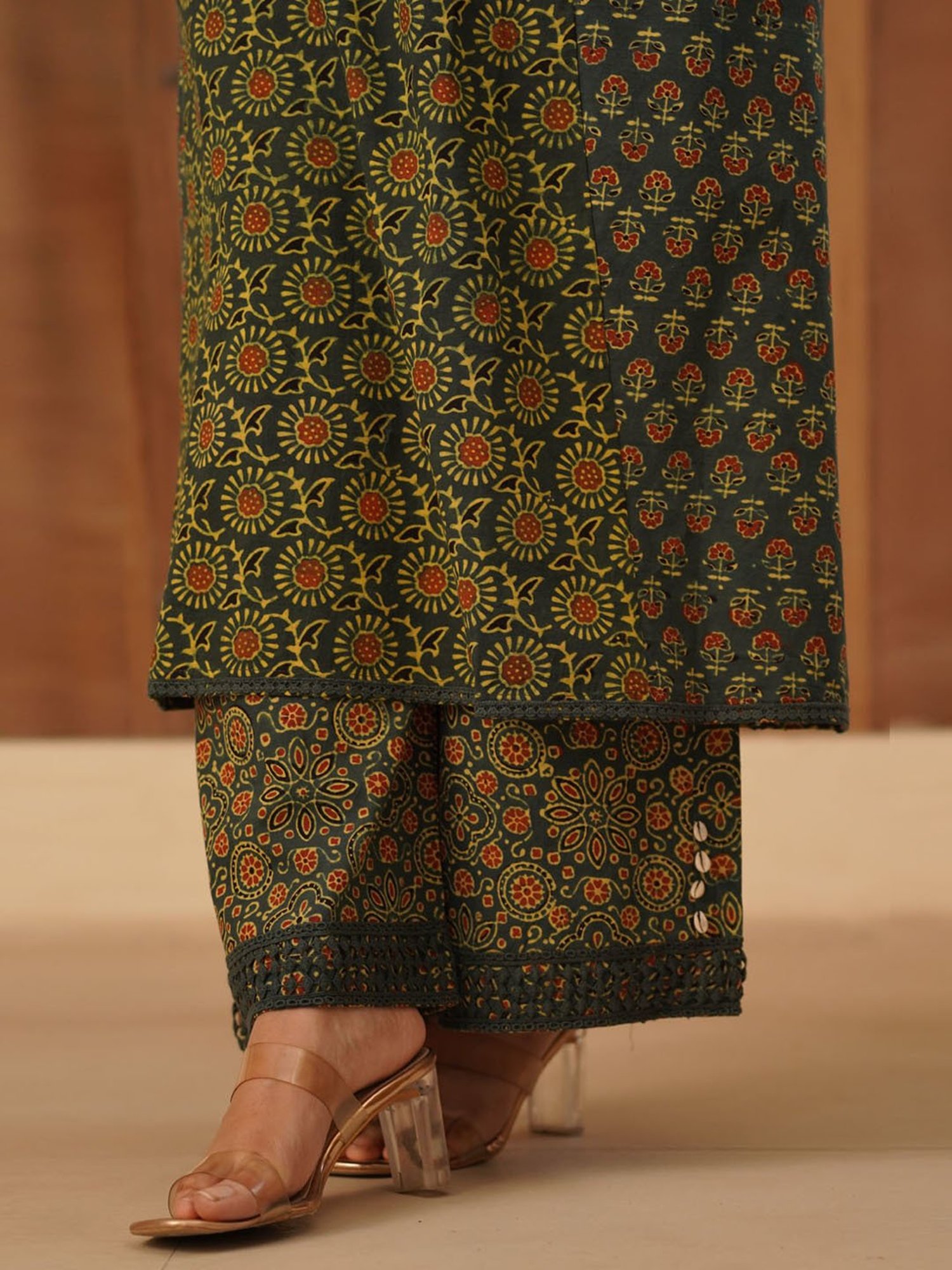 Love Chic Ajrakh A-Line Cotton Long Kurta with cowrie shells