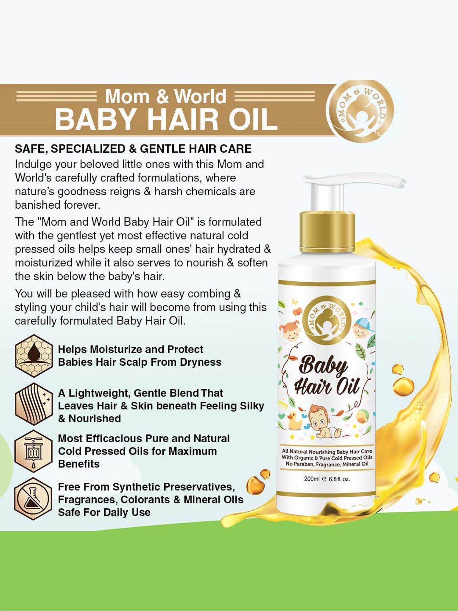 Mom & World Baby Organic & Cold Pressed Hair Oil - 200 ml
