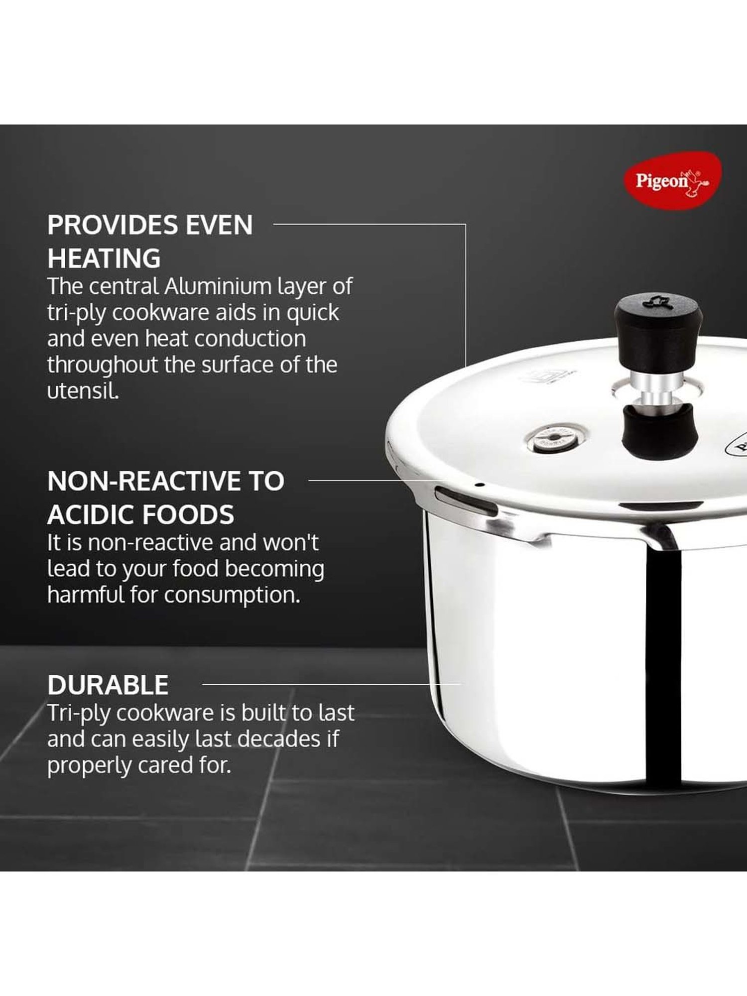 Pigeon Silver Stainless Steel Induction Elite Shine Triply Pressure Cooker (2 L)