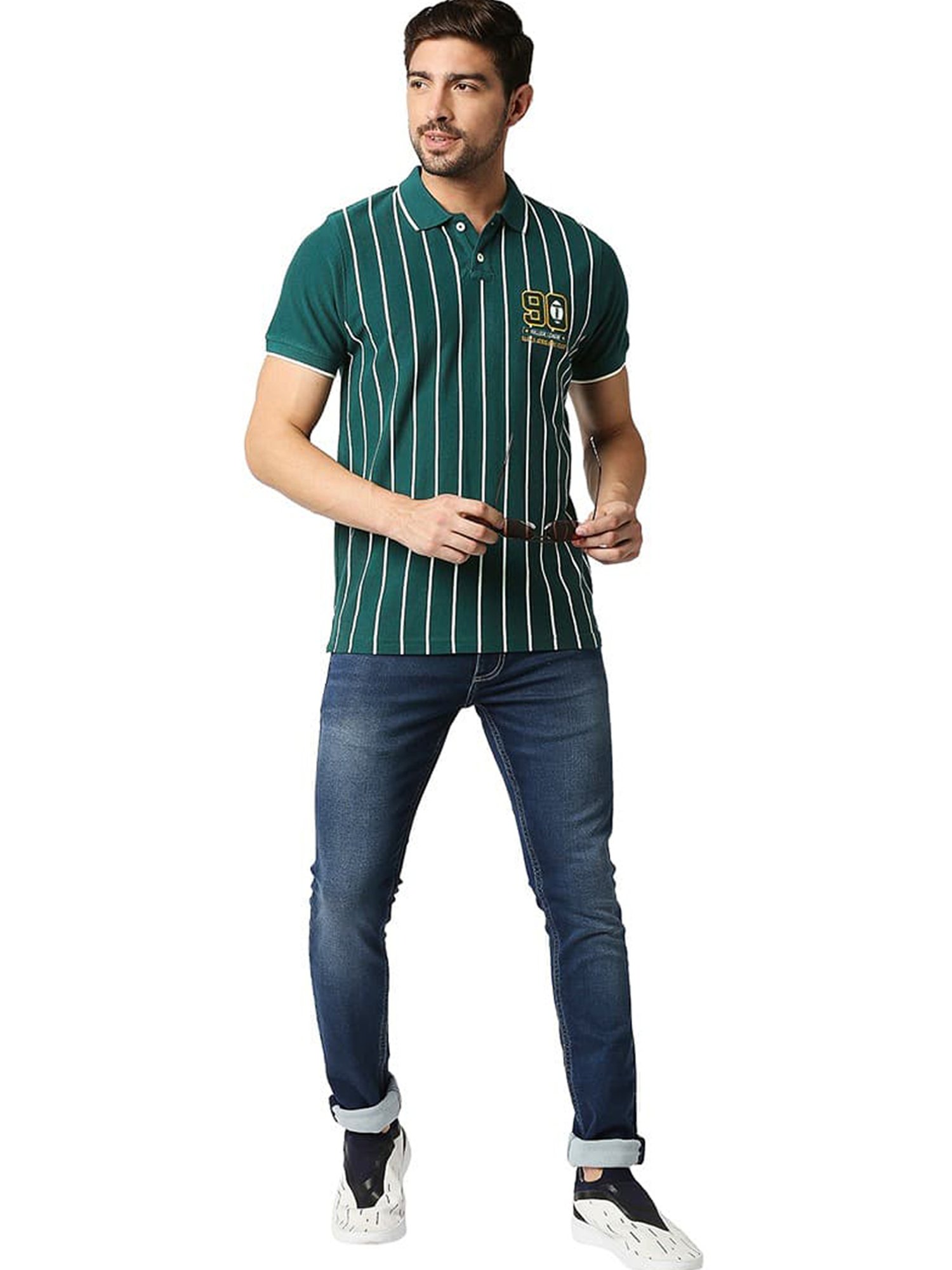 Basics June Bug Cotton Muscle Fit Striped Polo T-Shirt