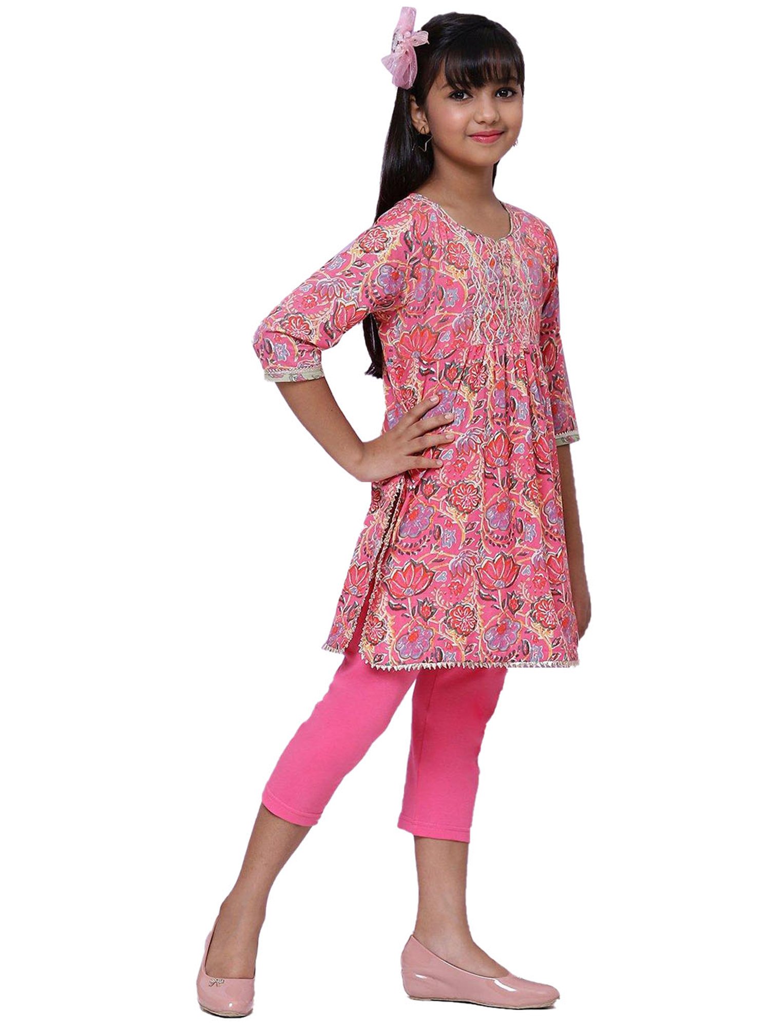 BIBA Girls Pink Printed Top with Leggings