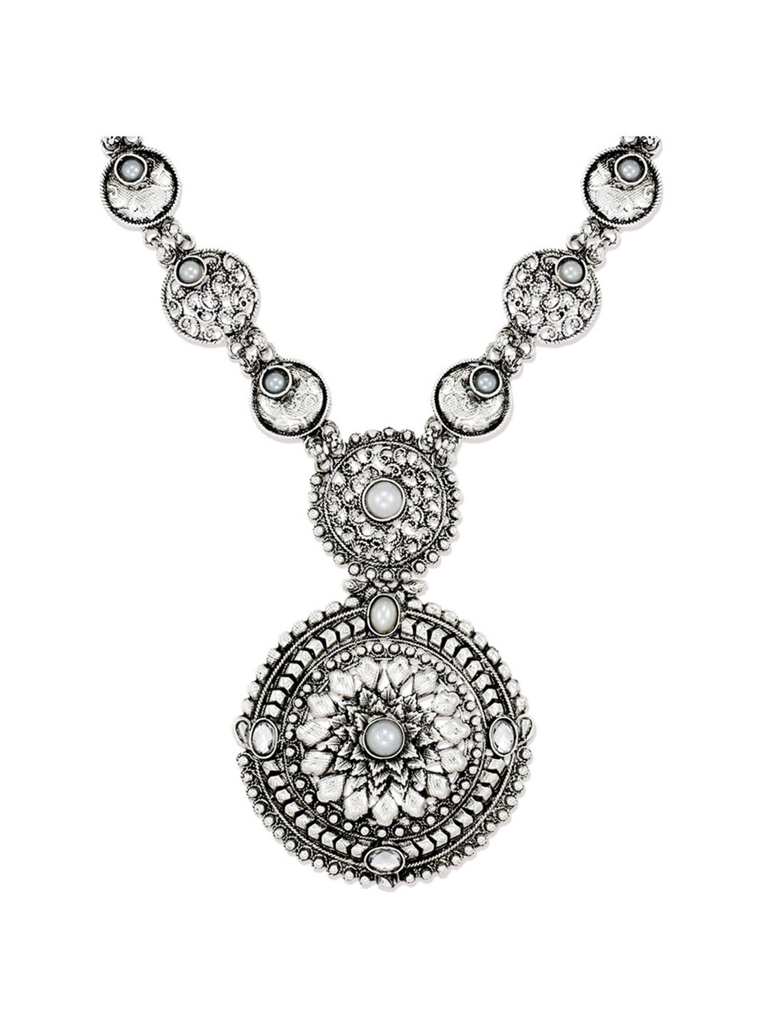 Zaveri Pearls Silver Alloy Antique Filigree Necklace Set
