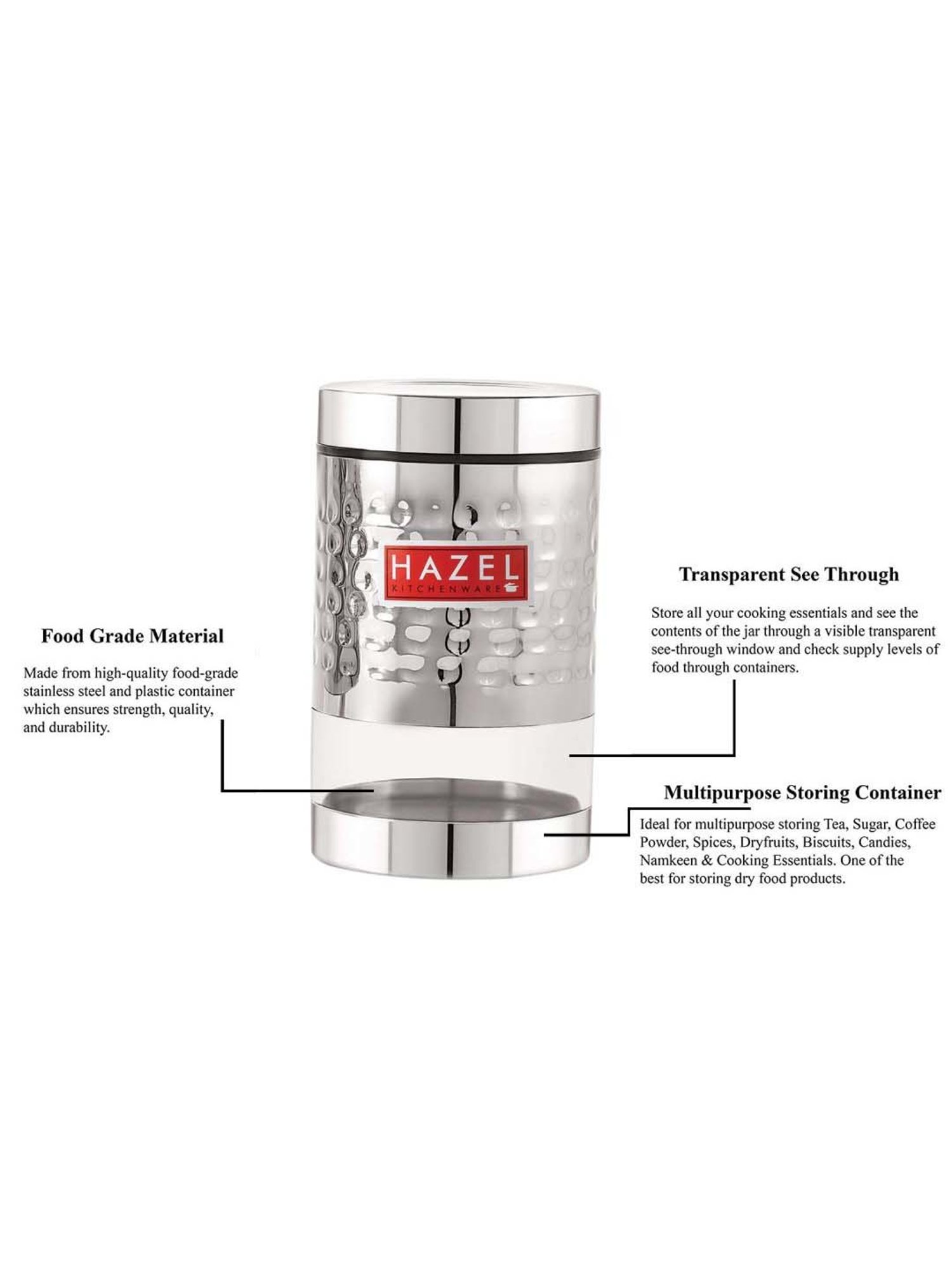 HAZEL Silver Stainless Steel Hammered Container (0.7 L)