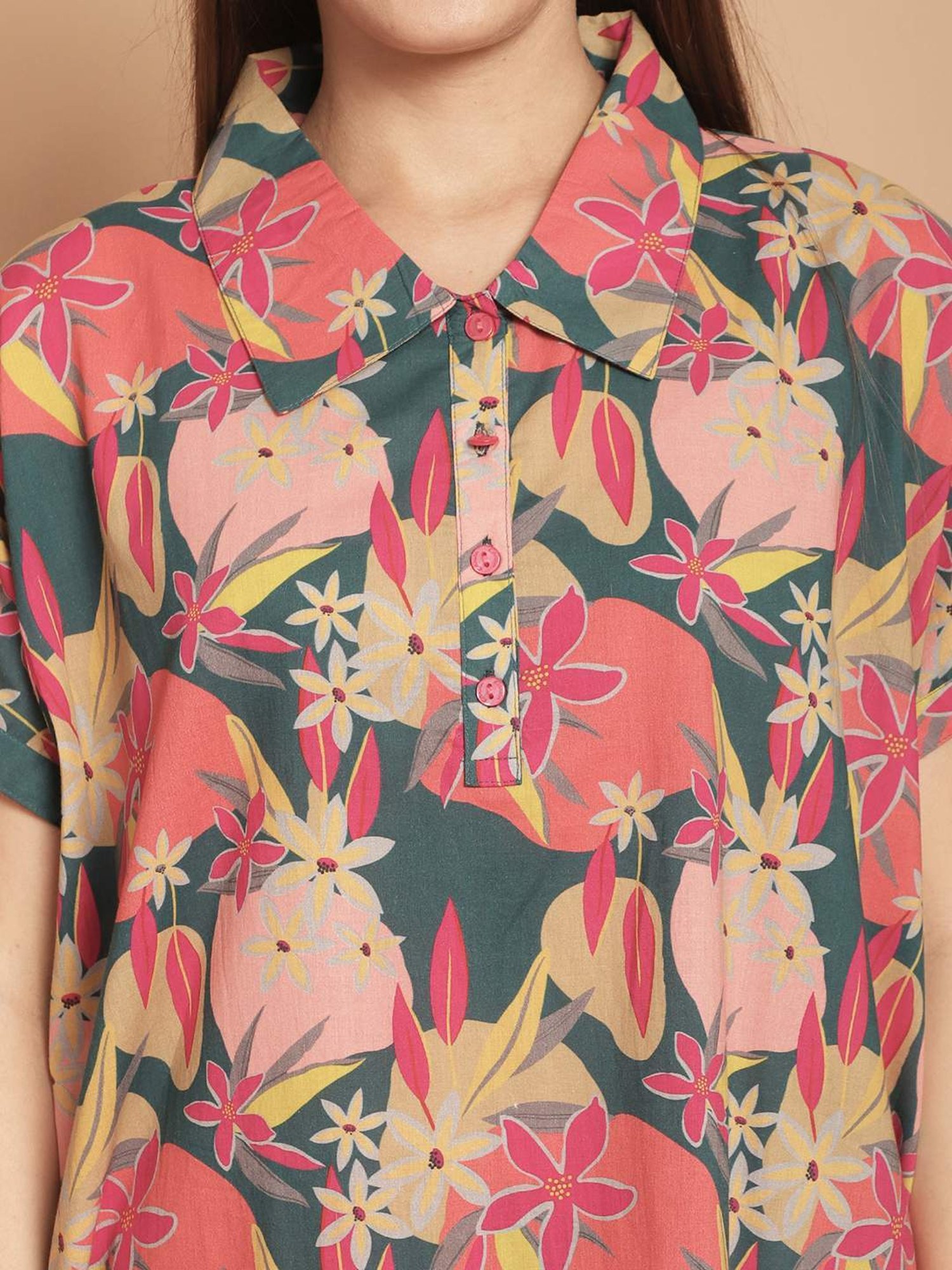 Kanvin Pink & Green Cotton Printed Shirt Pyjamas Set