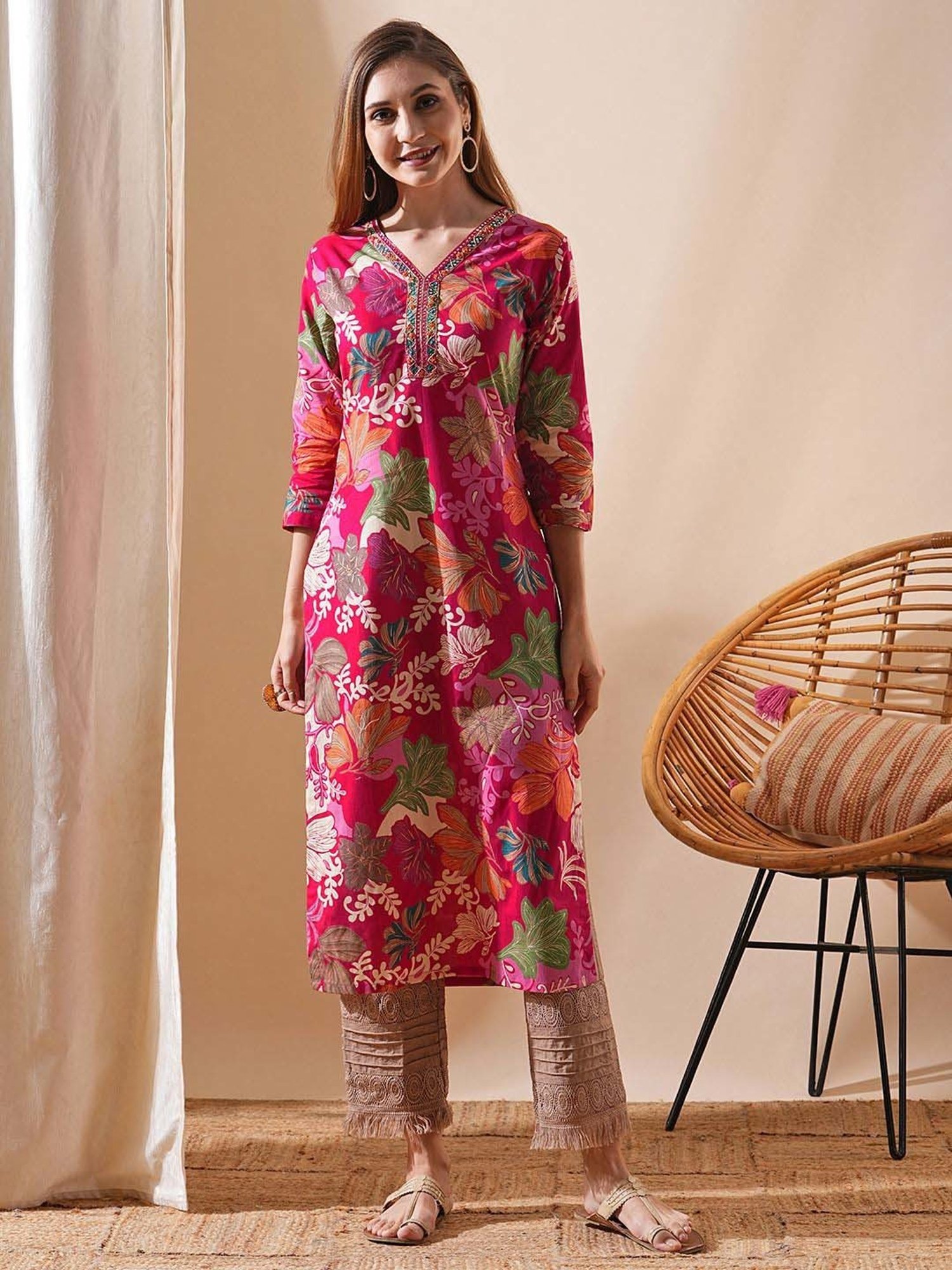 Fashor Pink Cotton Printed Straight Kurta