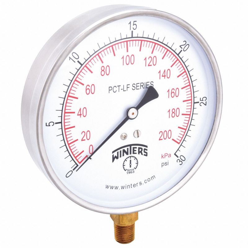 Winters Gauge, Pressure, 4-1/2in., 0 to 30 psi   PCT321LF
