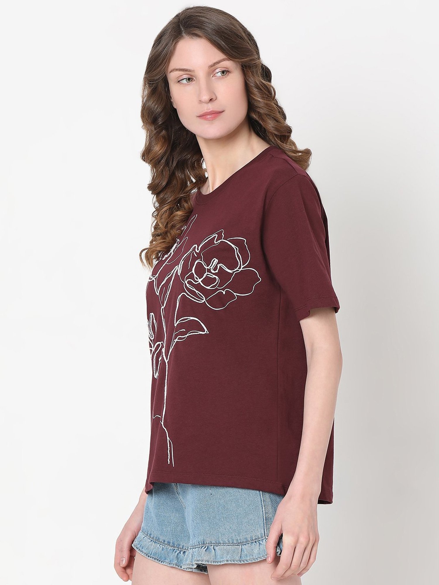 Vero Moda Maroon & White Cotton Floral Print T-Shirt