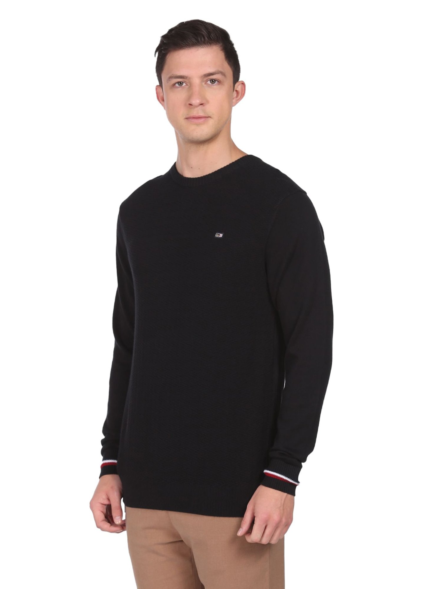 Arrow Sport Black Cotton Regular Fit Self Pattern Sweaters