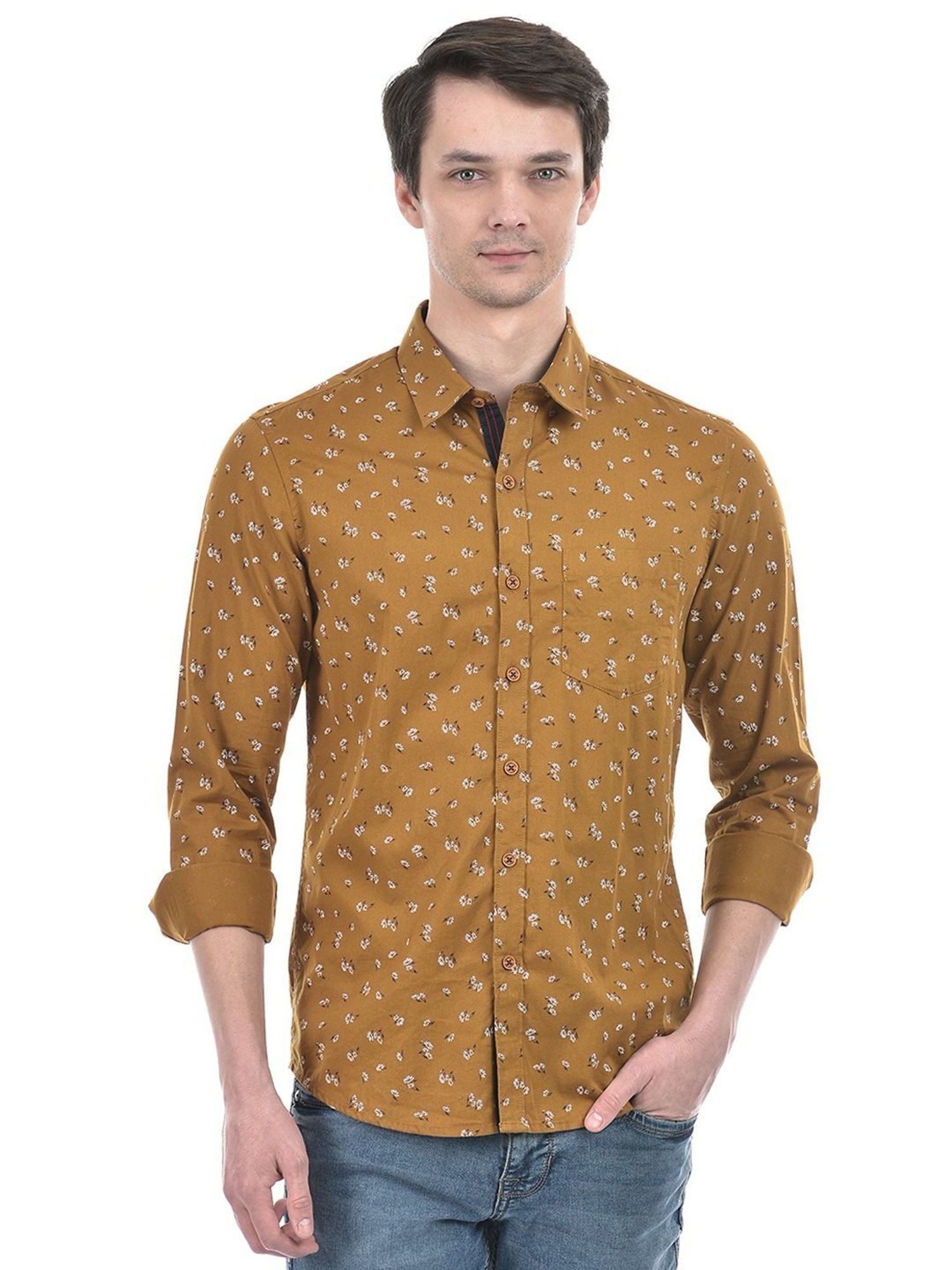 Numero Uno Brown Cotton Slim Fit Printed Shirt