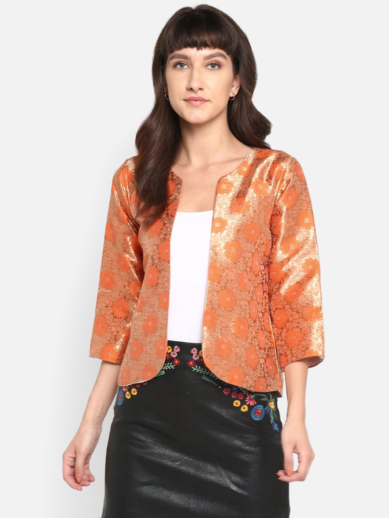 Hangup Orange Jacquard Pattern Shrug