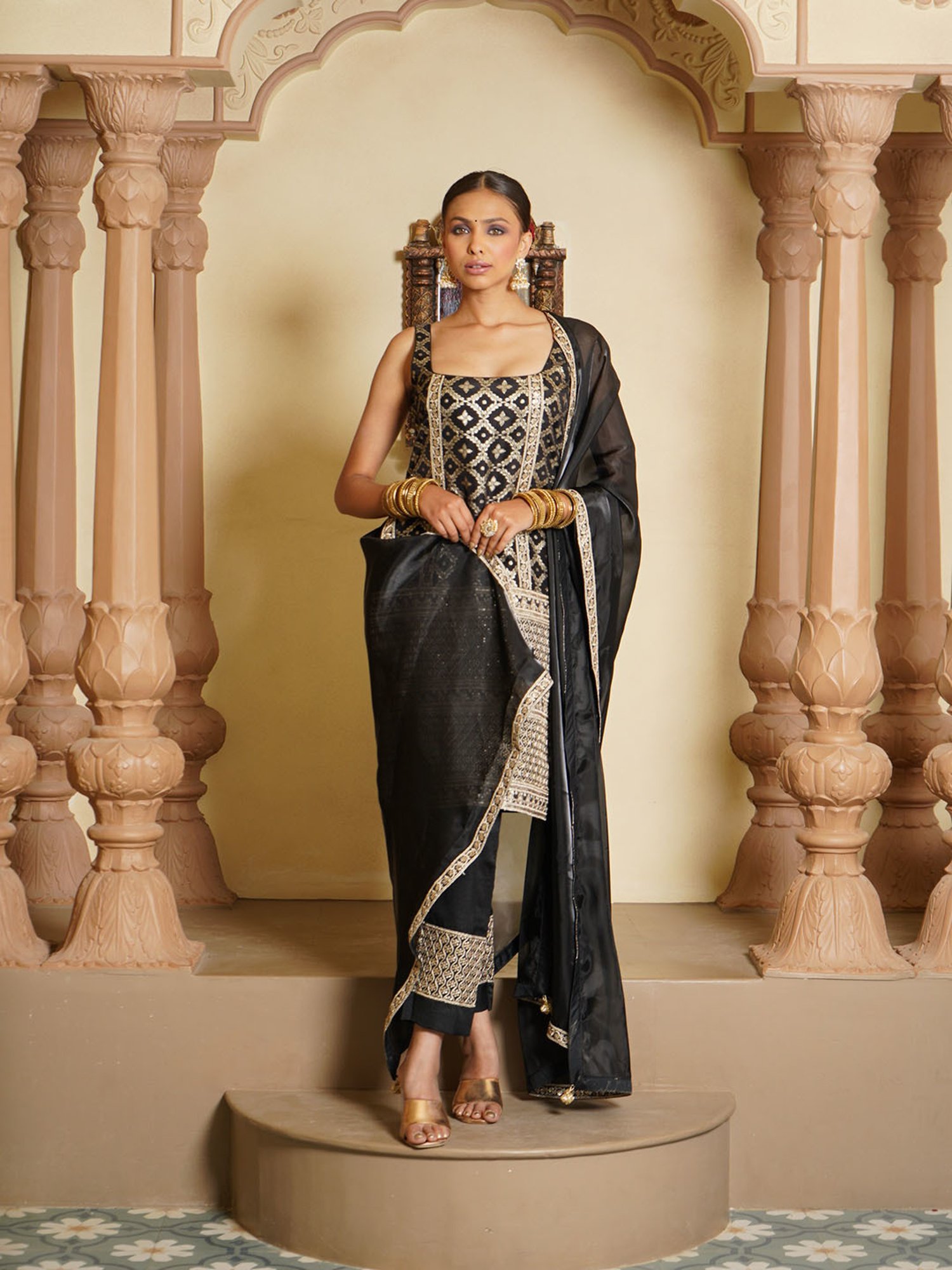 Monk and Mei Sara Brocade Kurta, Sharara & Dupatta