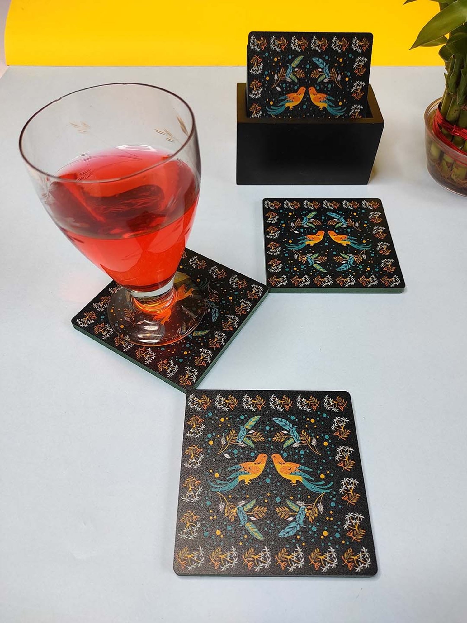 Crayton Navy Wooden Bird Printed Square Coasters with Holder - Set of 6