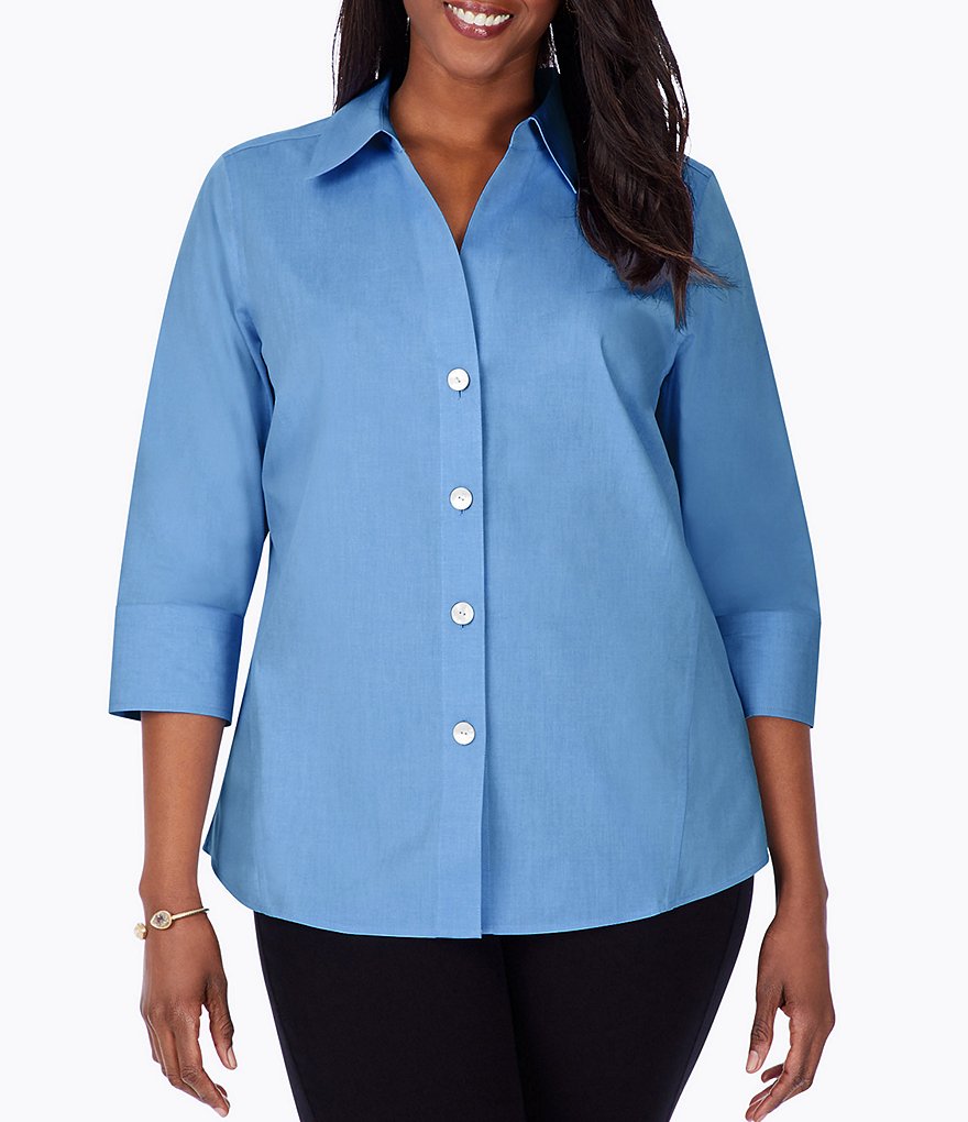 Foxcroft Plus Size Point Collar Neck 3/4 Sleeve Paityn Solid Shirt