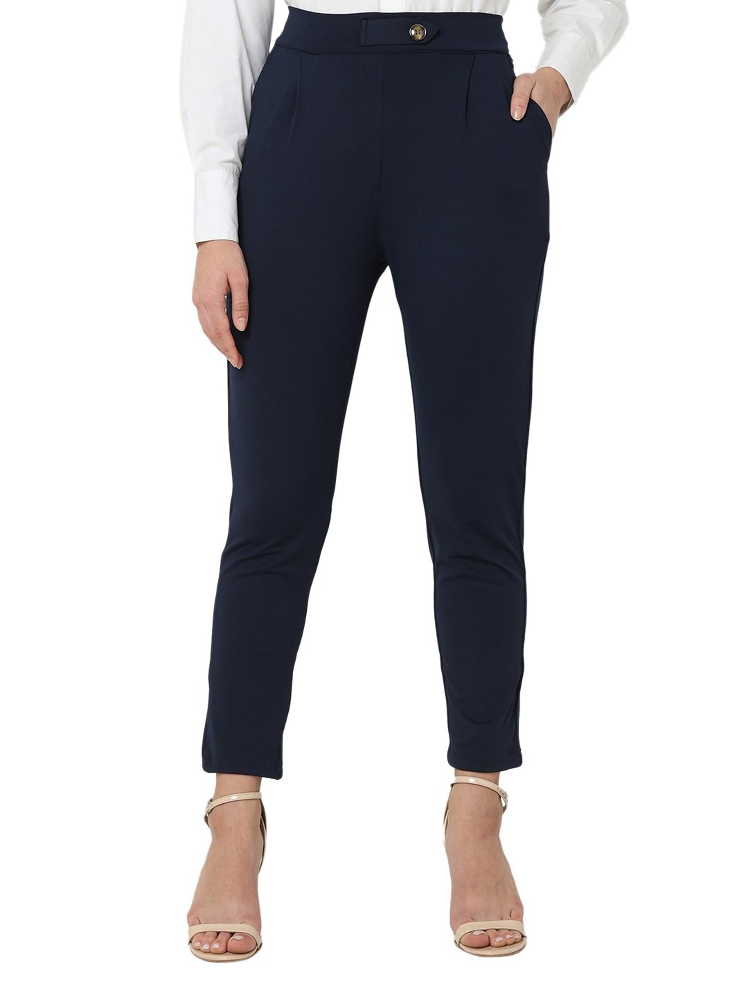 Smarty Pants Navy Cotton Lycra Slim Fit High Rise  Trousers