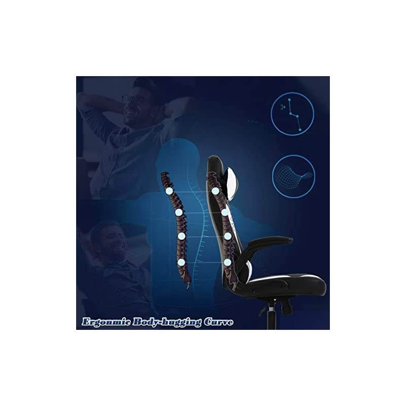 PC Gaming Chair Ergonomic Office Chair Desk Chair with Lumbar Support Flip Up Arms Headrest PU Leather Executive High Back Computer Chair for Adults Women Men, Black and White