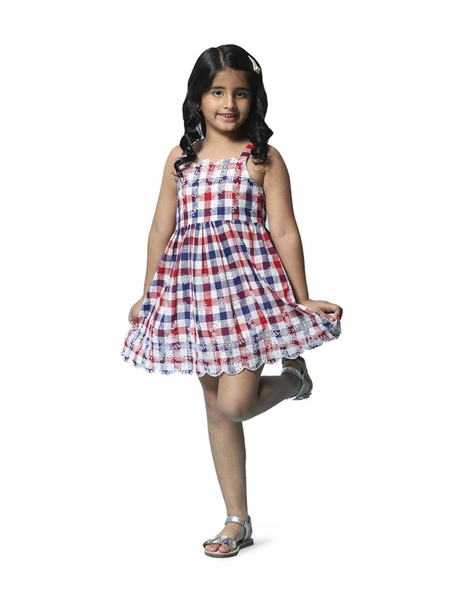 Biba Girls Multicolor Cotton Chequered Dress with Headband