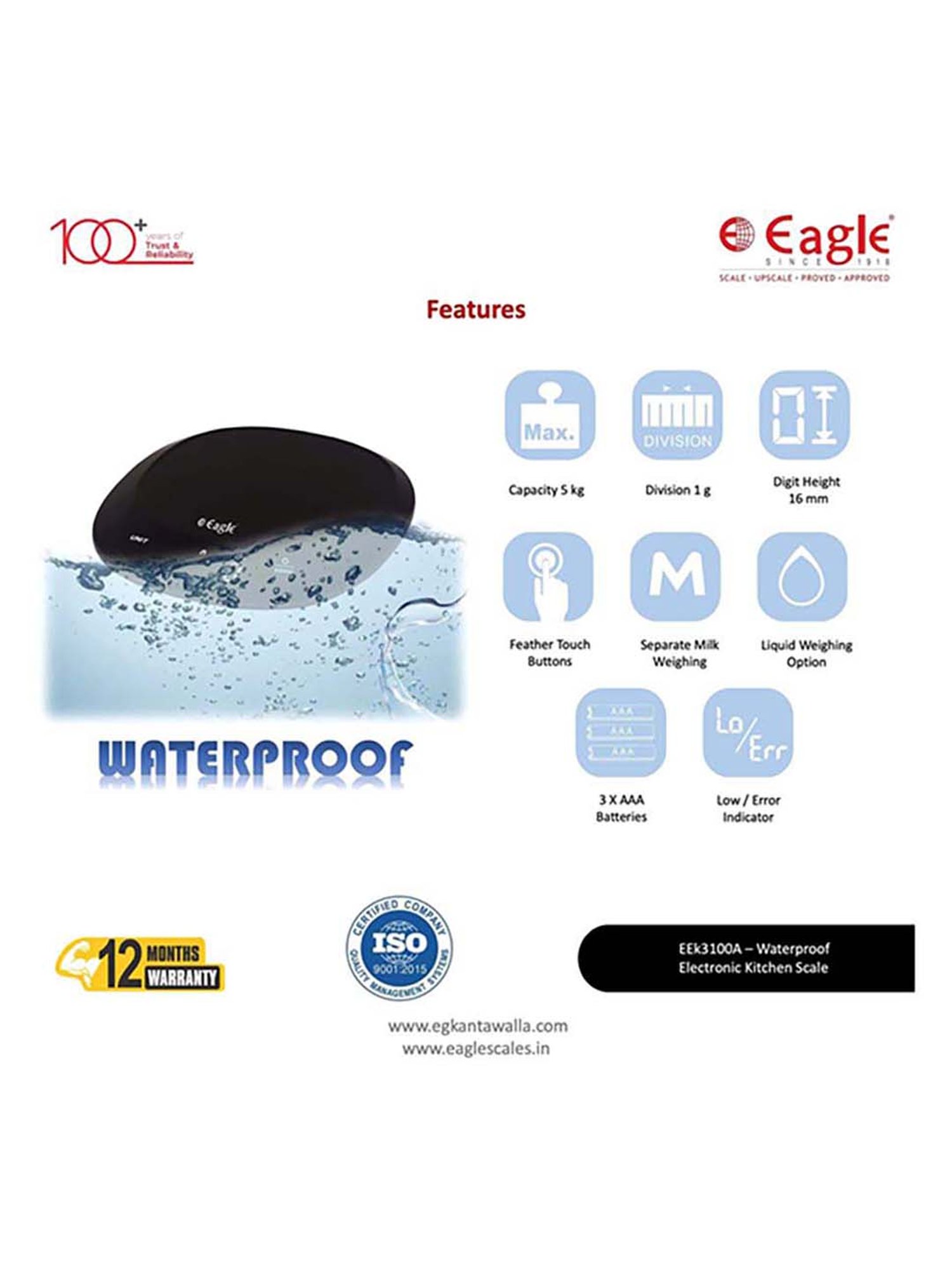 Eagle EEK-3100A Digital Weight Machine for Kitchen 5 kg Capacity,1 g Accuracy,Kitchen Weighing Scale