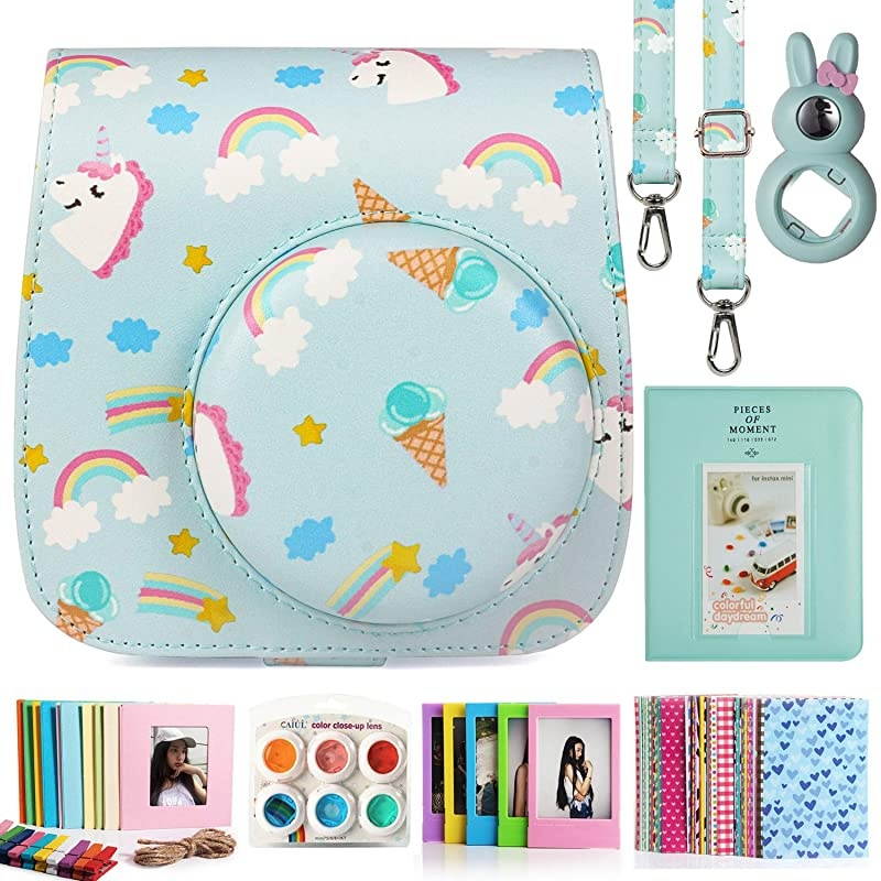 Compatible Mini 9 Camera Case Bundle with Album, Filters Other Accessories for Fujifilm Instax Mini 9 8 8+ (Rainbow Unicorn, 7 Items)