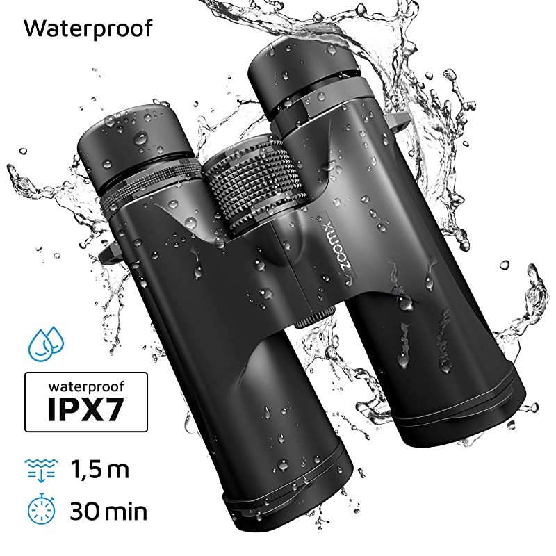 ZoomX Binoculars for Adults 10x42 Waterproof Lightweight Compact Binocular Prism BAK4 FMC Lens HD Binoculars for Bird Watching Hunting Traveling with Smartphone Adapter Carrying Bag Black