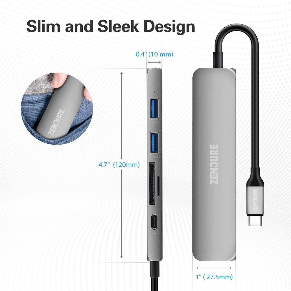 6-in-1 usb-c hub, zendure 49w slim aluminum adapter with 4k usb c to hdmi, microsd/sd card reader, 2 usb 3.0 ports, for macbook