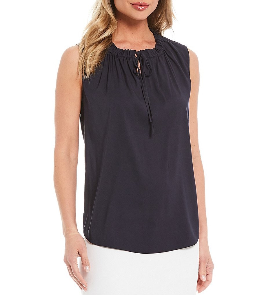 Preston & York Everly Tie Crew Neck Sleeveless Woven Blouse