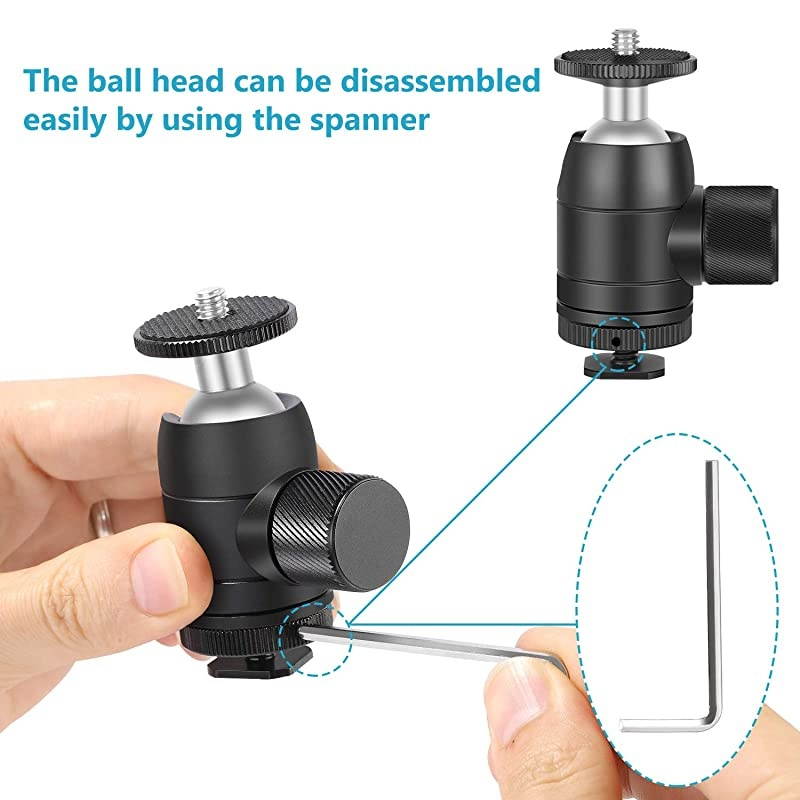 Mini Ball Head 14 inch Screw 360 Degree Rotatable Tripod Head with Lock and Hot Shoe Mount Adapter for LED LightRing Light Tripod Monopod Slider Camera Load Up to 66 pounds3 kilograms