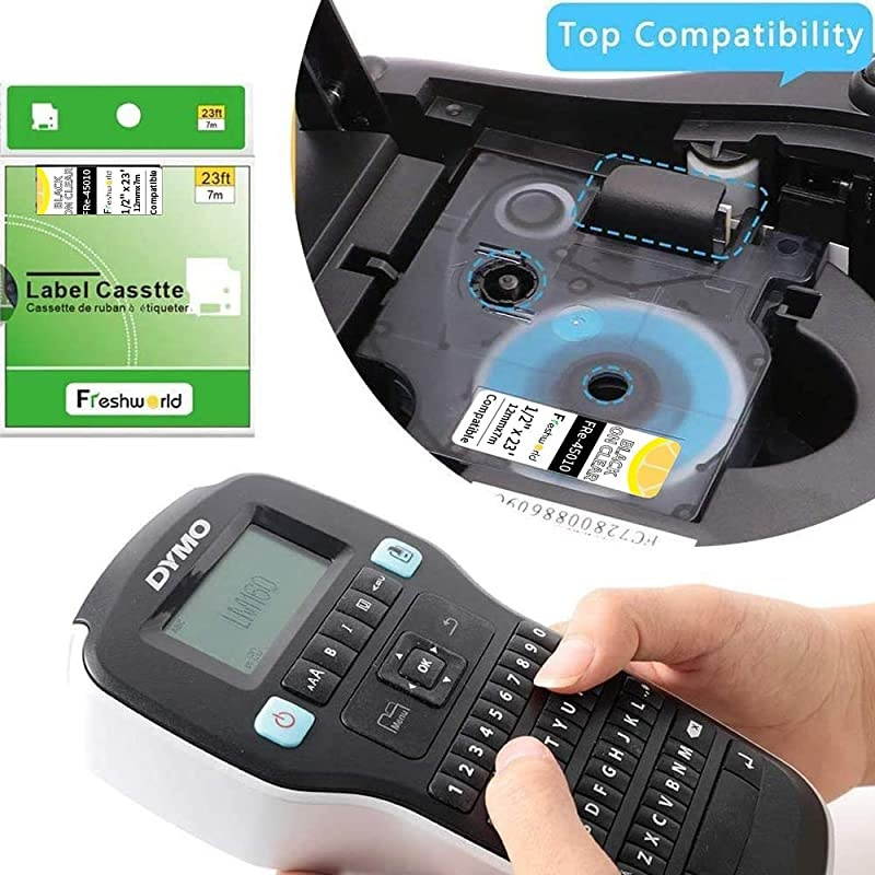Compatible Label Tape Replacement for Dymo D1 Labels Tape 45010 S0720500 RefillBlack on Clear 12 x 23 Labeling Tape for Dymo LabelManager PnP 160 360D 280 420P 450 Duo Label Maker3P