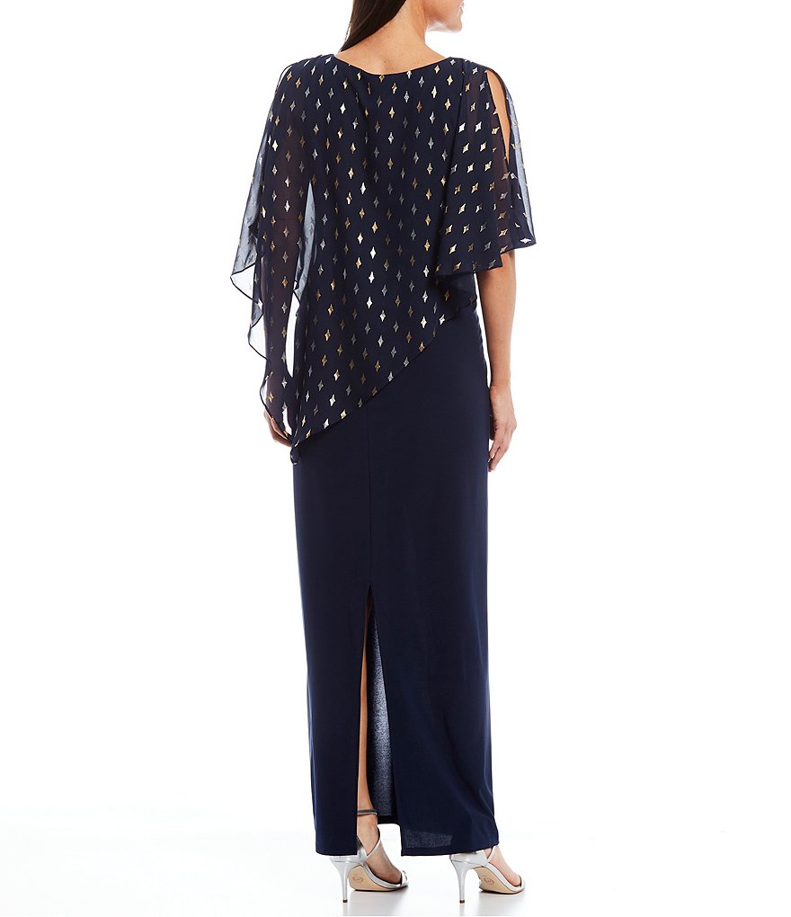 Ignite Evenings Metallic Polka Dot Asymmetric Cape Column Gown
