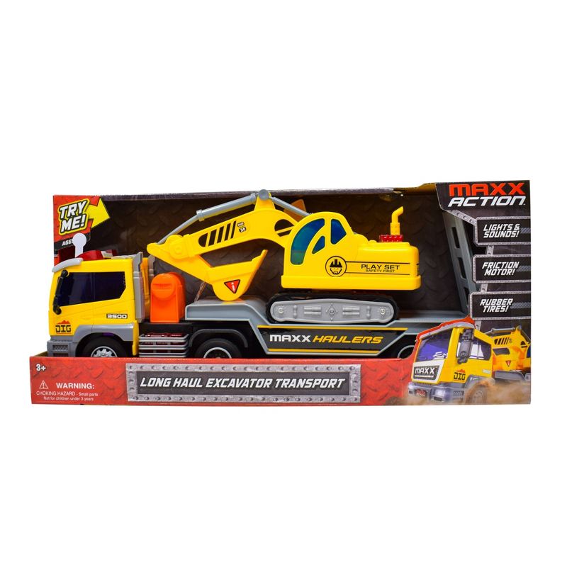 Maxx Action Lights & Sounds Construction Excavator Semi Truck and Trailer Transport
