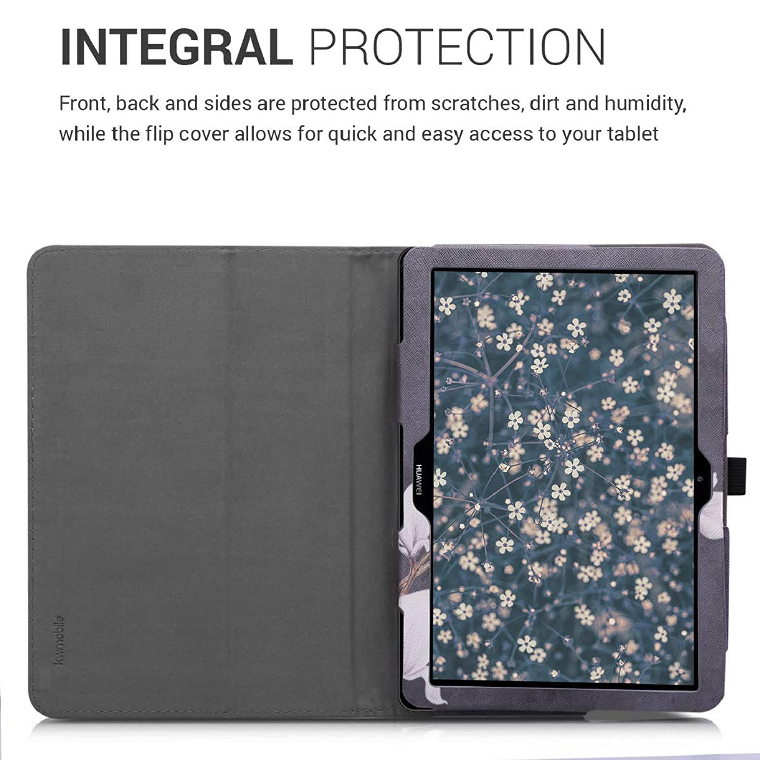 kwmobile Case Compatible with Huawei MediaPad T3 10 - Slim PU Leather Tablet Cover with Stand Feature - Magnolias Taupe/White/Dark Grey