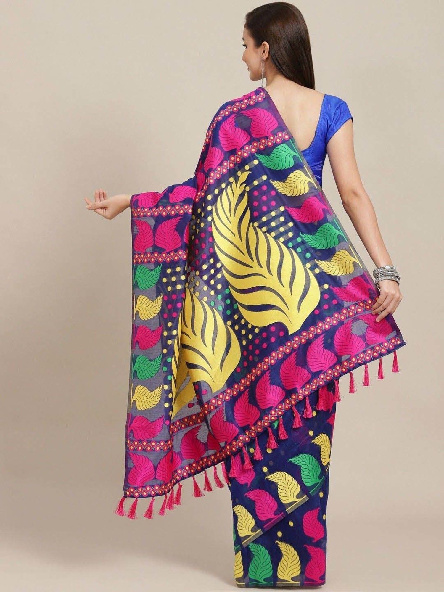 Silk Land Navy Woven Saree With Unstitched Blouse