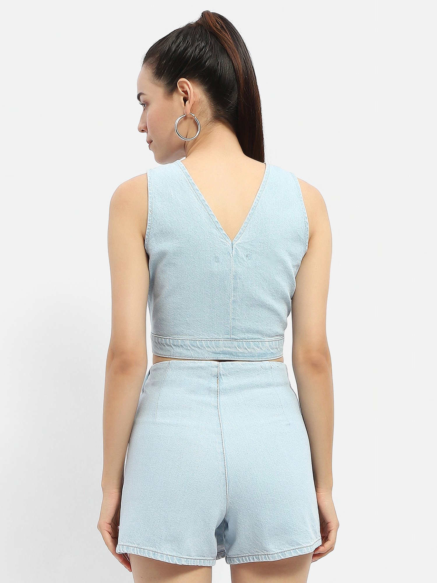 MADAME Light Blue Cotton Regular Fit Crop Top