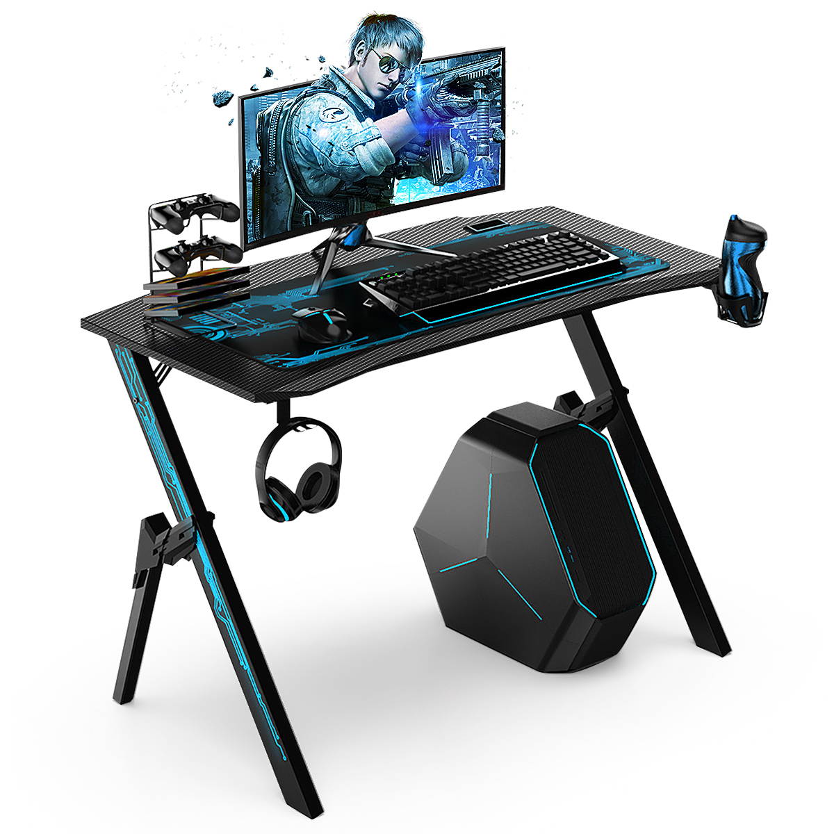 43" Ergonomic Gaming Computer Office Gamer Desk Table W/ Cup Holder Headphone