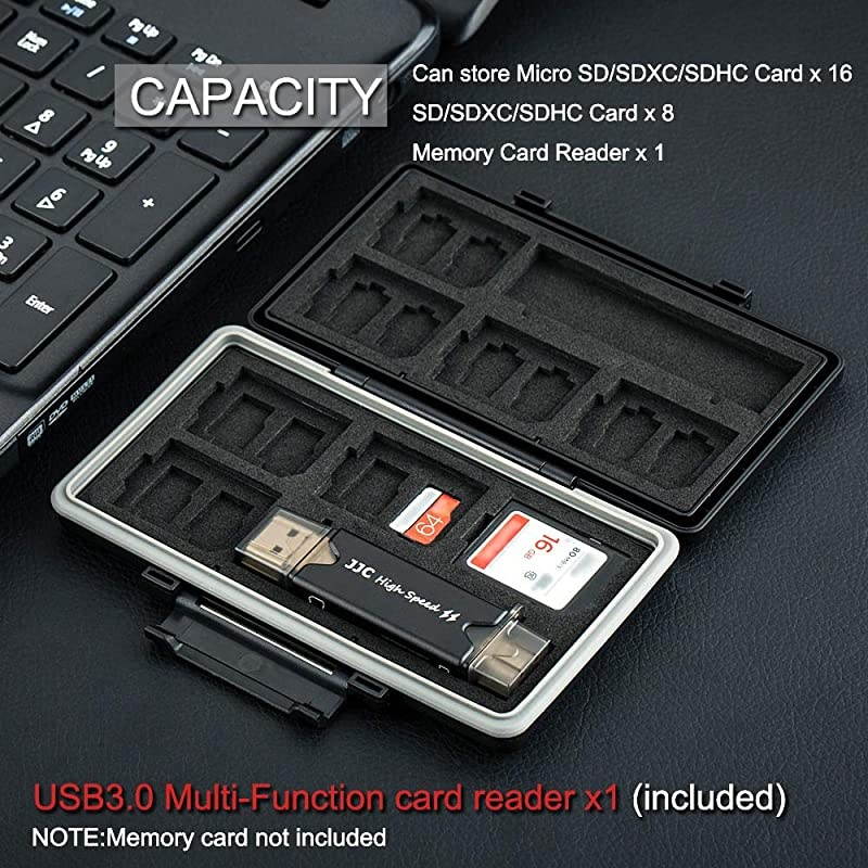 Slots Memory Card Case Holder for 16 Micro SD Cards 8 SD Cards Includes a 3 in 1 Type C USB 30 Micro USB 20 Memory Card Reader WaterResistant AntiShock