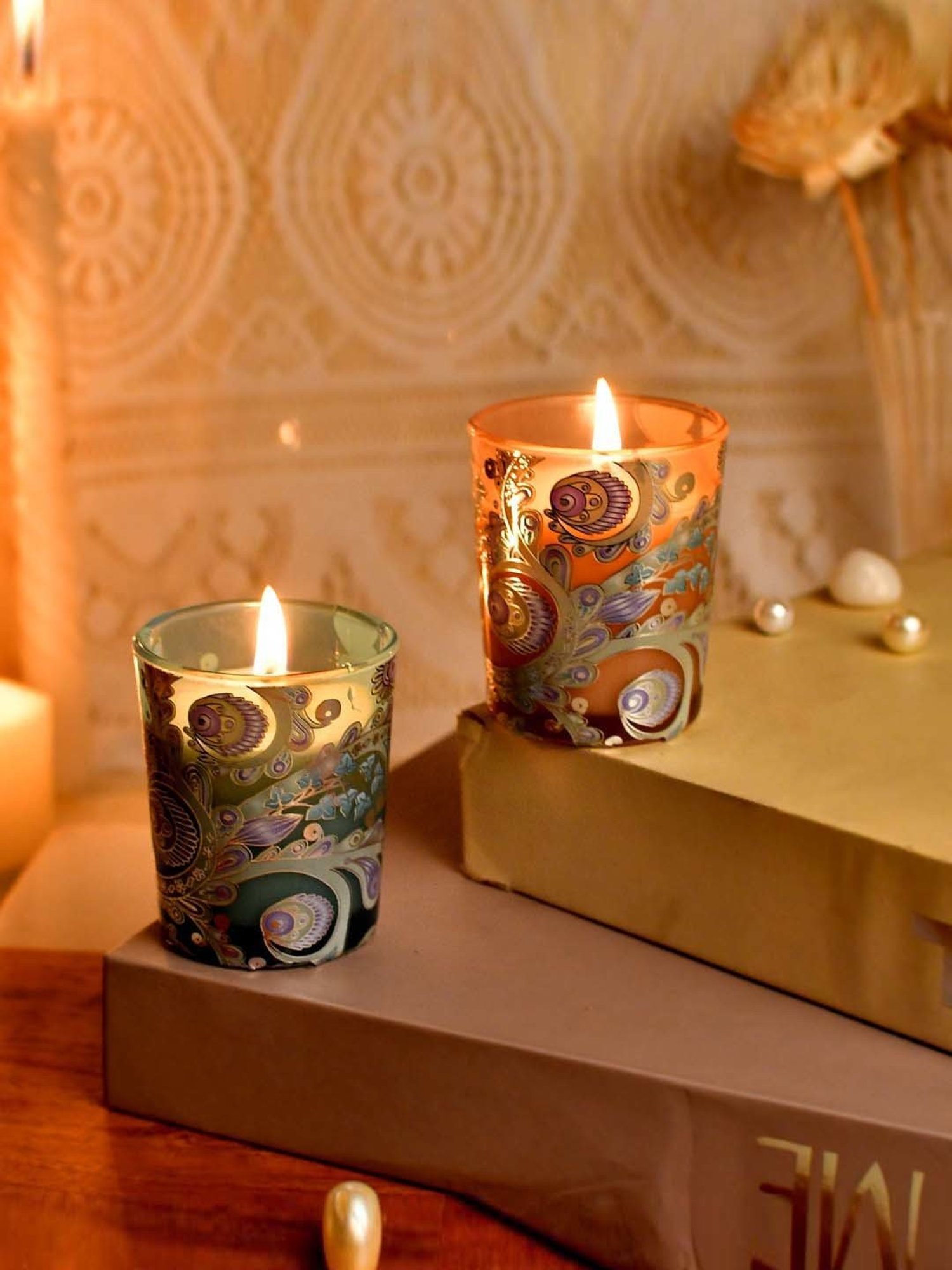 TAYHAA Blue & Peach Wax Illuminated Candle - Set of 2