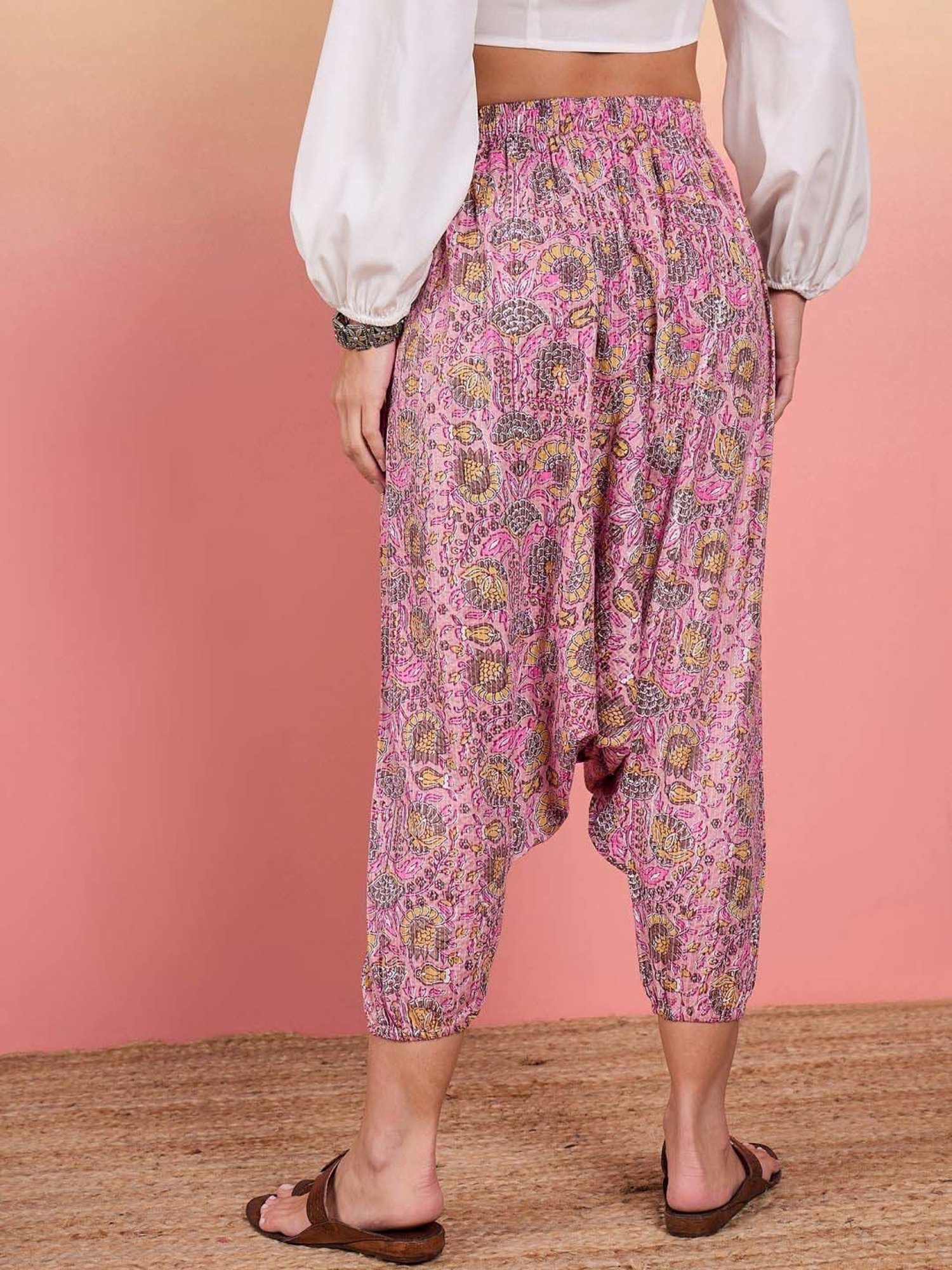 Inweave Pink Cotton Floral Print Dhoti Pants