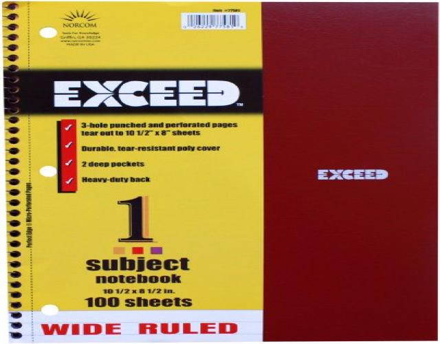 Norcom Exceed Wide Ruled Notebook, 10.5 x 8.5 Inches, 100-Count, 1 Notebook per Order, Assorted Colors (77581-12)