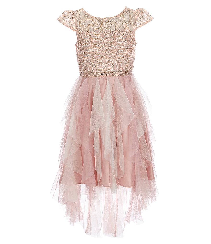 Rare Editions Big Girls 7-16 Short-Sleeve Illusion Bodice Mesh High-Low Hem Cascade Dress