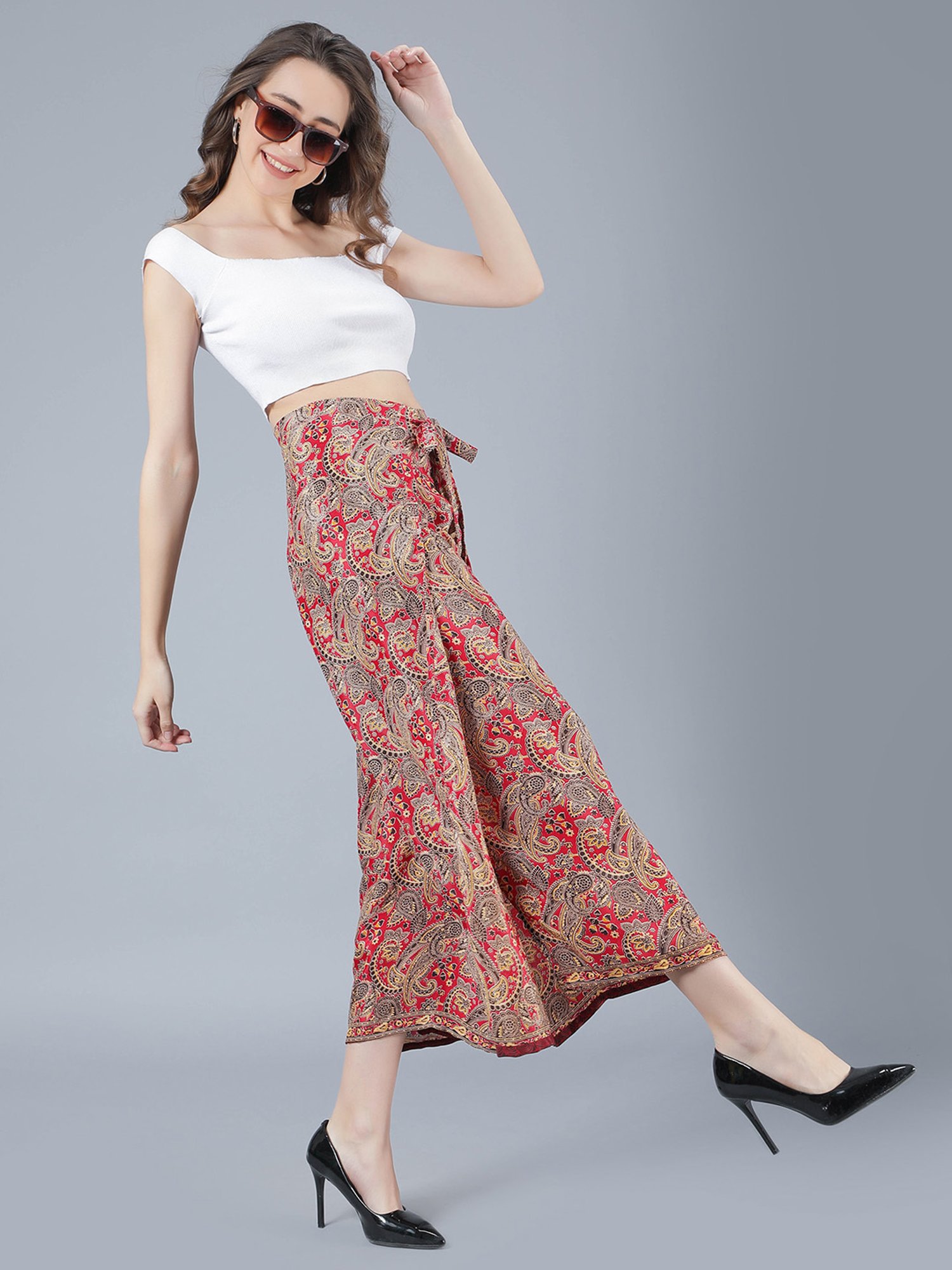 Aditi Wasan Red Printed Relaxed Fit Mid Rise Trousers