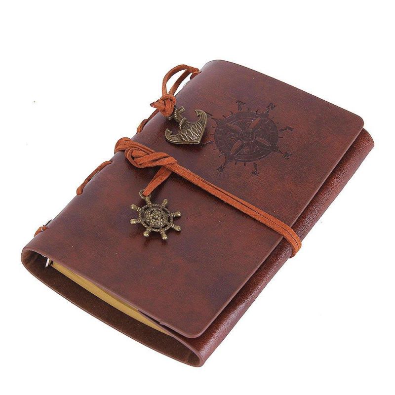 Leather Writing Journal Notebook, EvZ 5 Inches Vintage Nautical Spiral Blank String Diary Notepad Sketchbook Travel to Write in, Unlined Paper, Retro Pendants, Classic Embossed, Retro Coffee