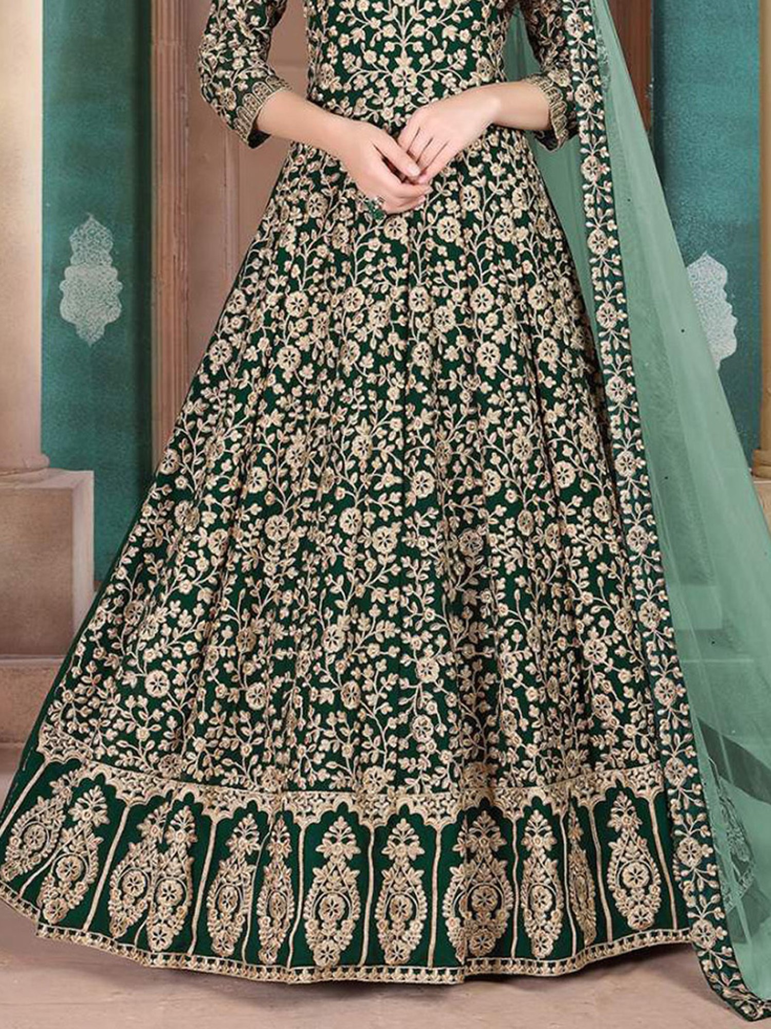 Odette Green Embroidered Unstitched Dress Material