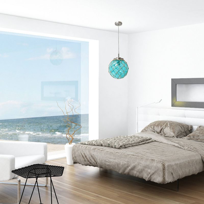 Buoy Netted Coastal Ocean Sea Glass Pendant with Natural Rope Aqua - Elegant Designs