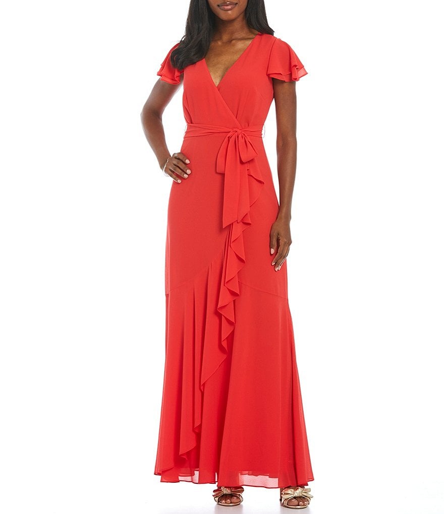 Eliza J Chiffon Ruffle Wrap Flutter Sleeve V-Neck Maxi Dress