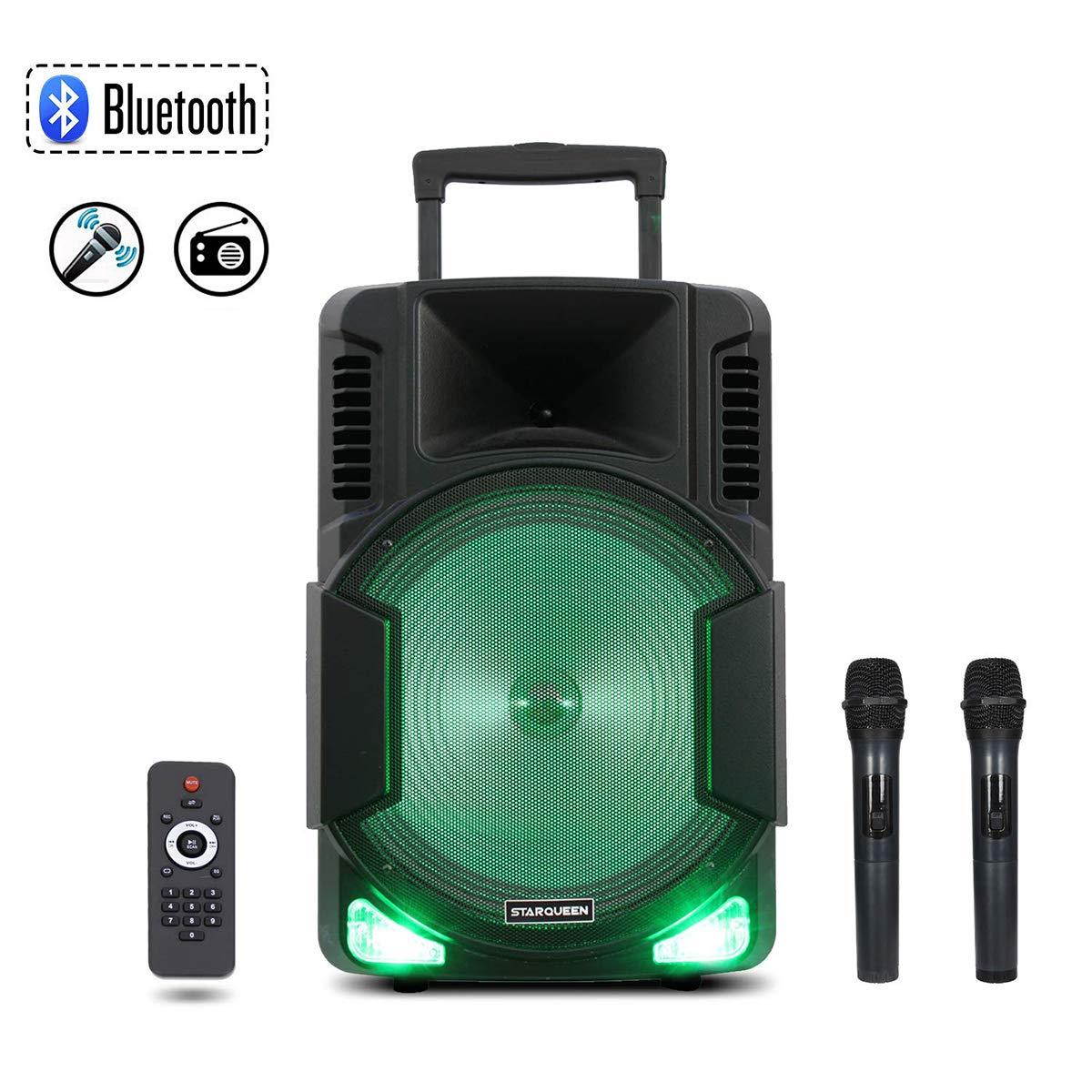 Starqueen 15Inch Trolley Bluetooth PA Speaker with 2 Wireless UHF Microphones, Battery Powered Rechargeable Karaoke DJ Speaker with Led Lights, Active Loud Digital Sound Box, FM/MP3/USB/TF Card/AUX