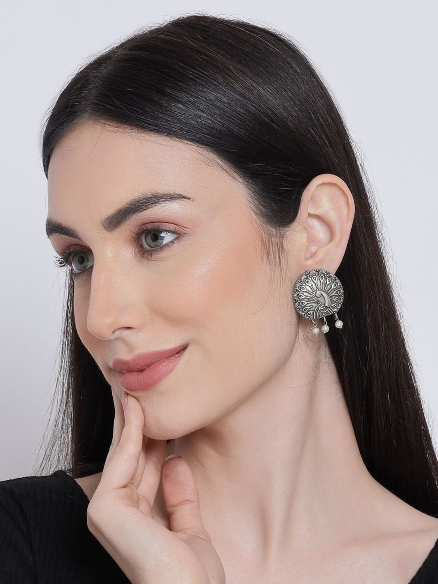 Aatmana Oxidized Peacock Shaped White Stud Earrings for Women