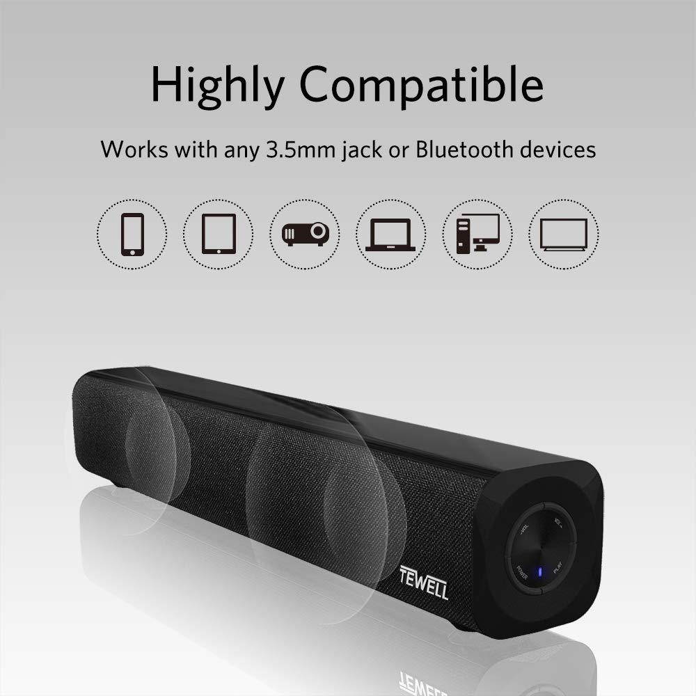 TEWELL Bluetooth Soundbar Speaker, Portable Mini Sound Bar with 2.0 Channel, 3.5mm Aux Input for PC, Cellphone, TV, Tablet and Projector, No Remote (14.5-Inch, T-2610)